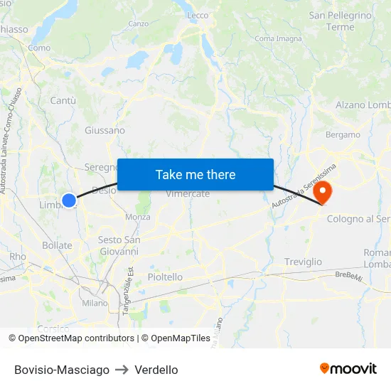 Bovisio-Masciago to Verdello map