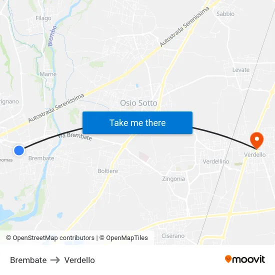 Brembate to Verdello map