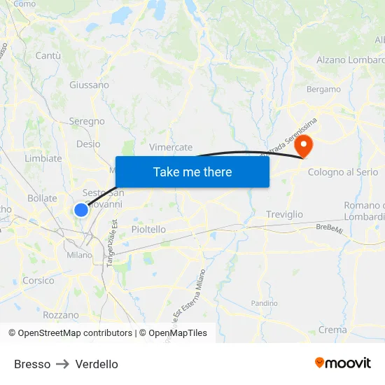 Bresso to Verdello map