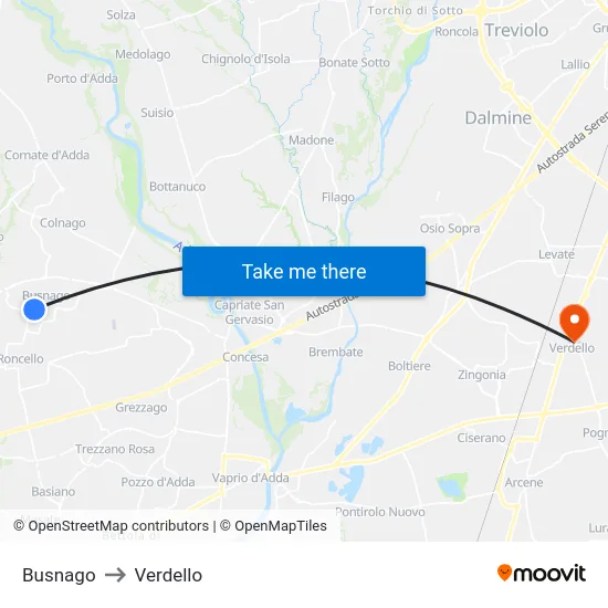 Busnago to Verdello map