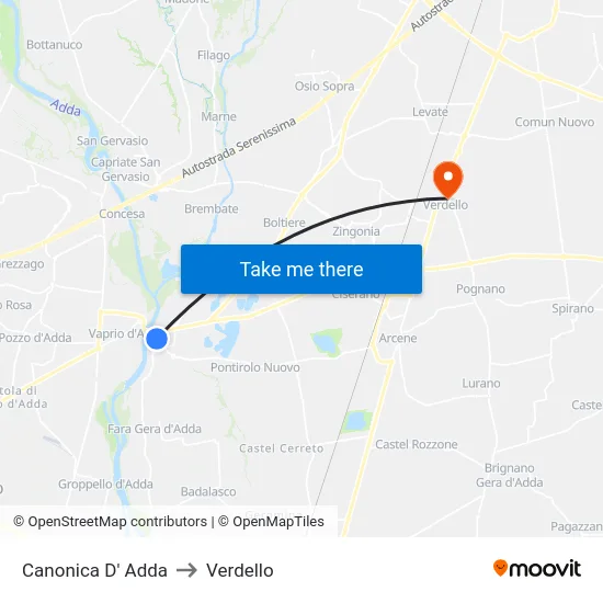 Canonica D' Adda to Verdello map