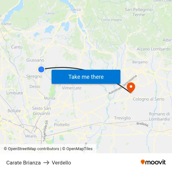 Carate Brianza to Verdello map