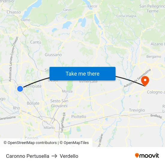 Caronno Pertusella to Verdello map