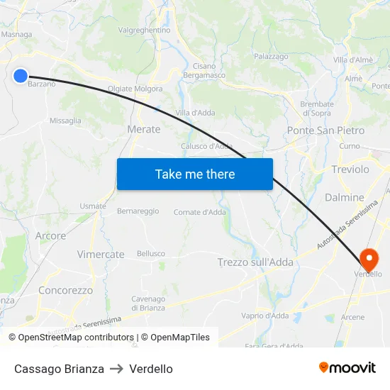 Cassago Brianza to Verdello map
