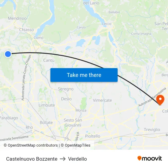 Castelnuovo Bozzente to Verdello map