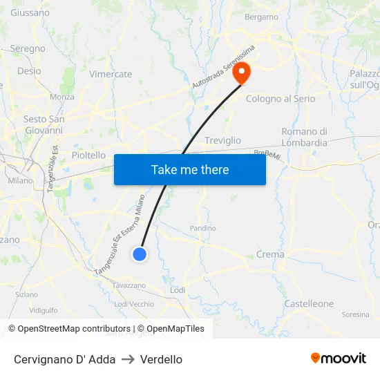 Cervignano d'Adda to Verdello map