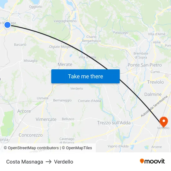 Costa Masnaga to Verdello map