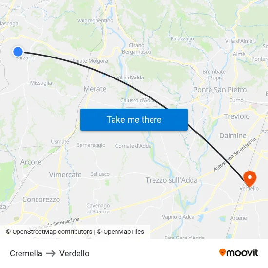 Cremella to Verdello map