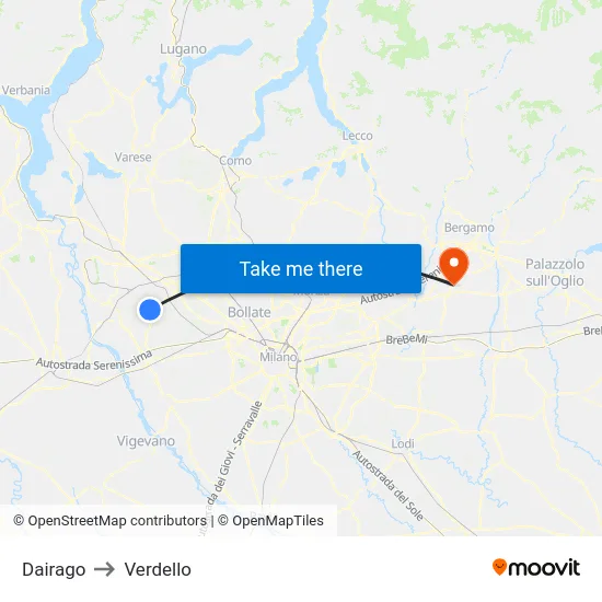 Dairago to Verdello map
