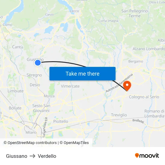 Giussano to Verdello map