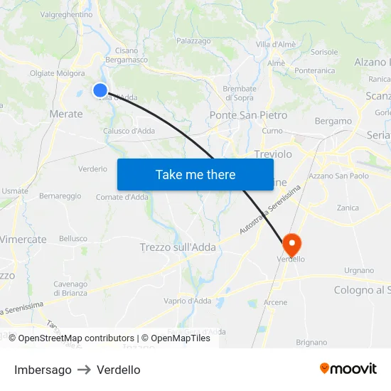 Imbersago to Verdello map