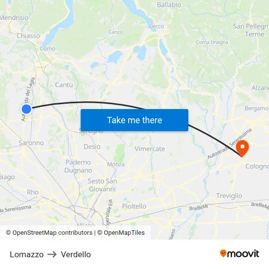 Lomazzo to Verdello map