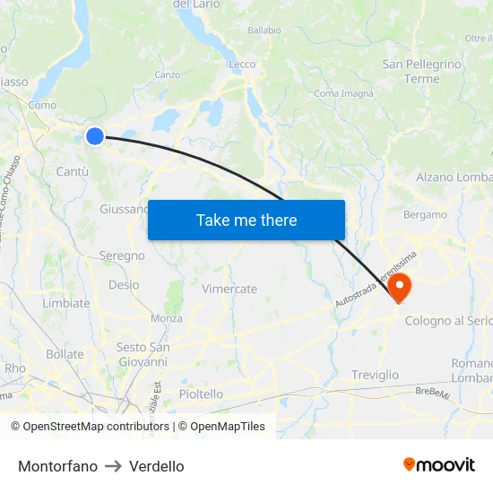 Montorfano to Verdello map