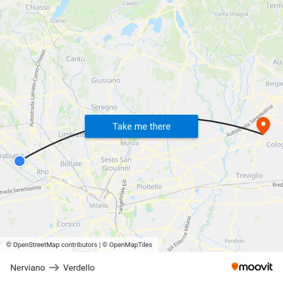 Nerviano to Verdello map