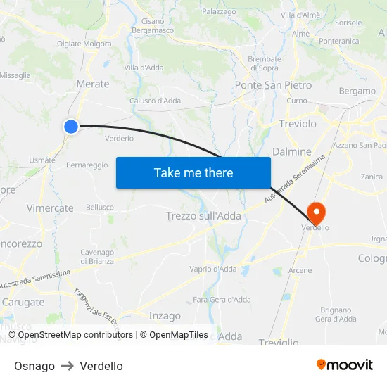 Osnago to Verdello map