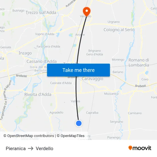 Pieranica to Verdello map