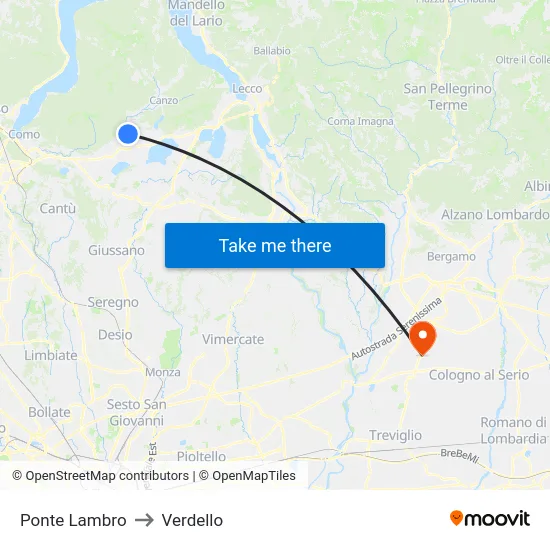Ponte Lambro to Verdello map