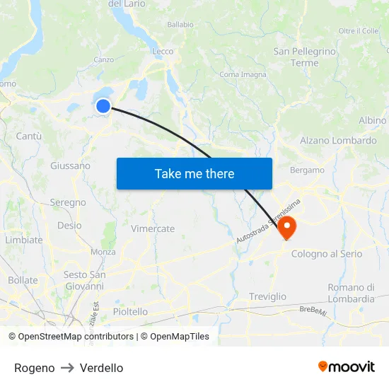Rogeno to Verdello map
