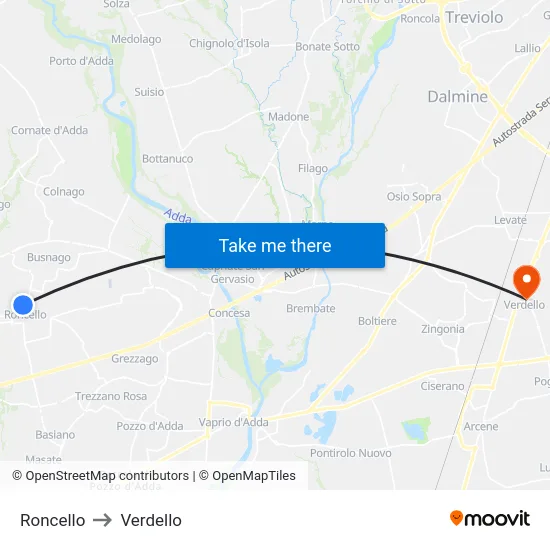 Roncello to Verdello map