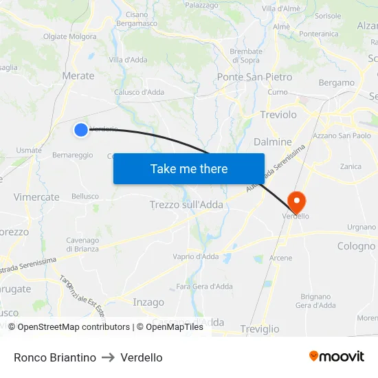 Ronco Briantino to Verdello map