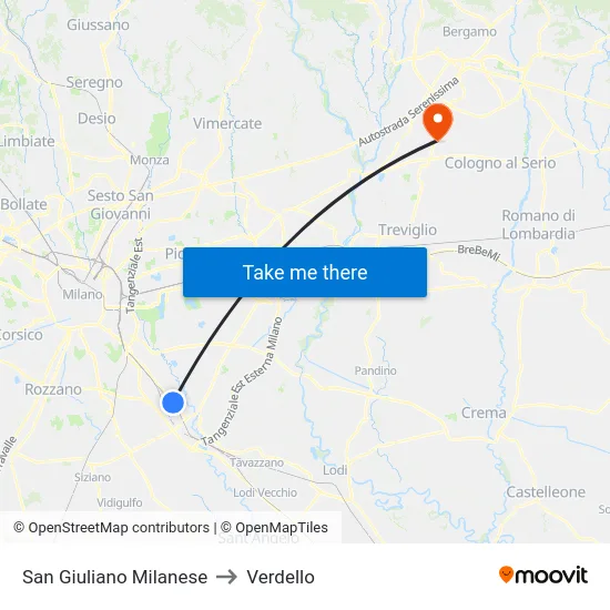San Giuliano Milanese to Verdello map