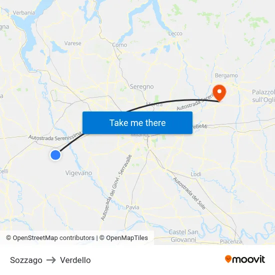 Sozzago to Verdello map