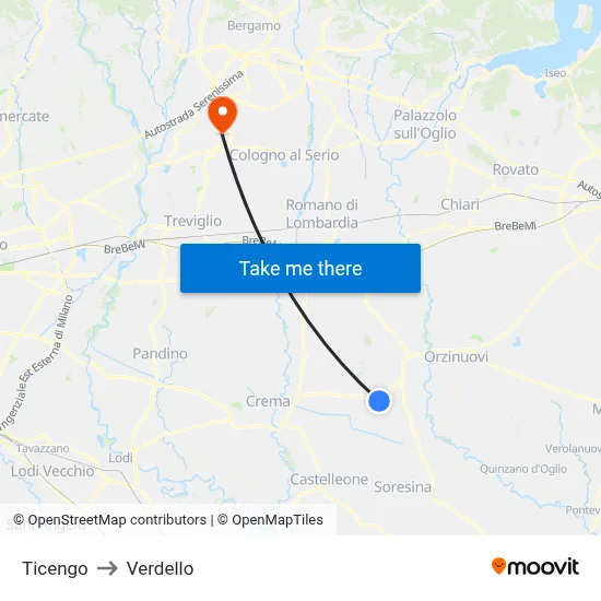 Ticengo to Verdello map