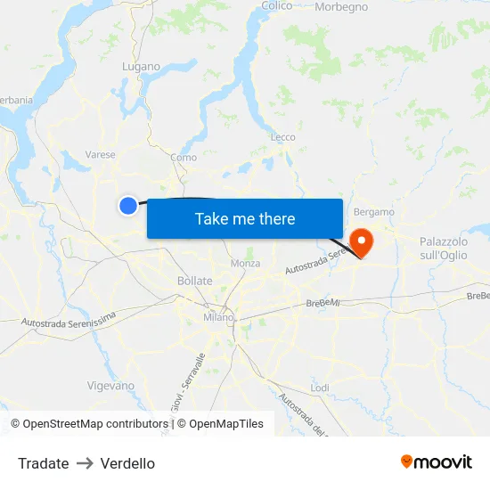 Tradate to Verdello map