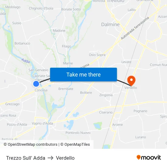 Trezzo Sull' Adda to Verdello map