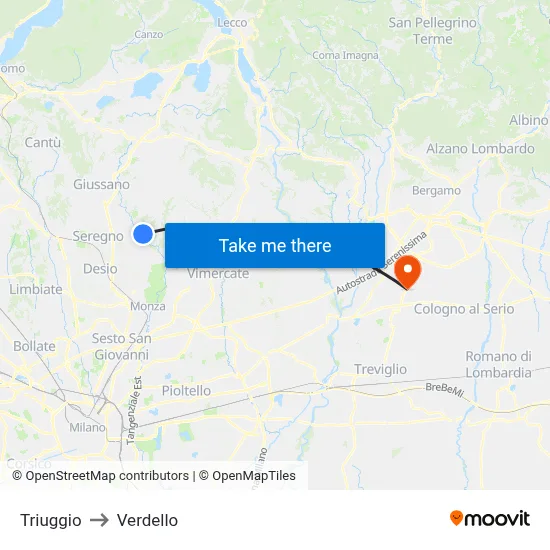 Triuggio to Verdello map