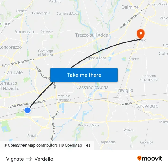 Vignate to Verdello map