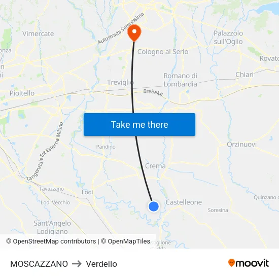 Moscazzano to Verdello map