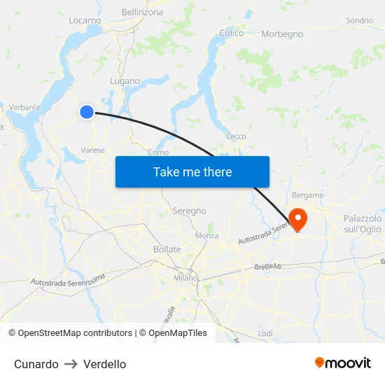 Cunardo to Verdello map
