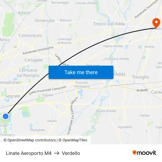Linate Airport M4 to Verdello map