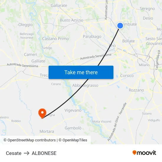 Cesate to Albonese map
