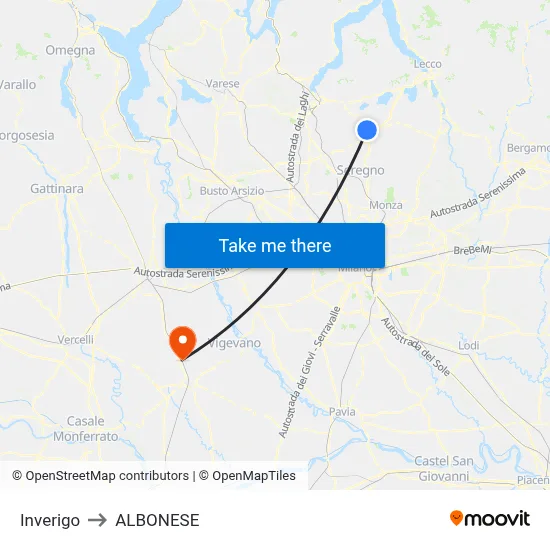 Inverigo to Albonese map