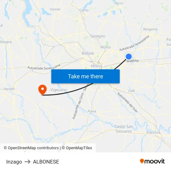 Inzago to Albonese map