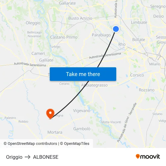 Origgio to ALBONESE map