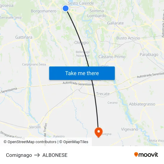 Comignago to Albonese map