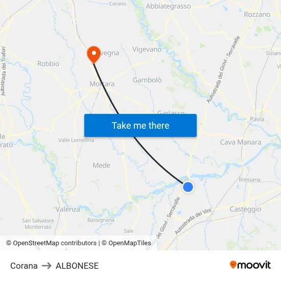 Corana to Albonese map