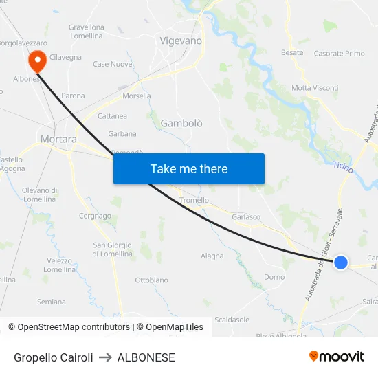 Gropello Cairoli to Albonese map