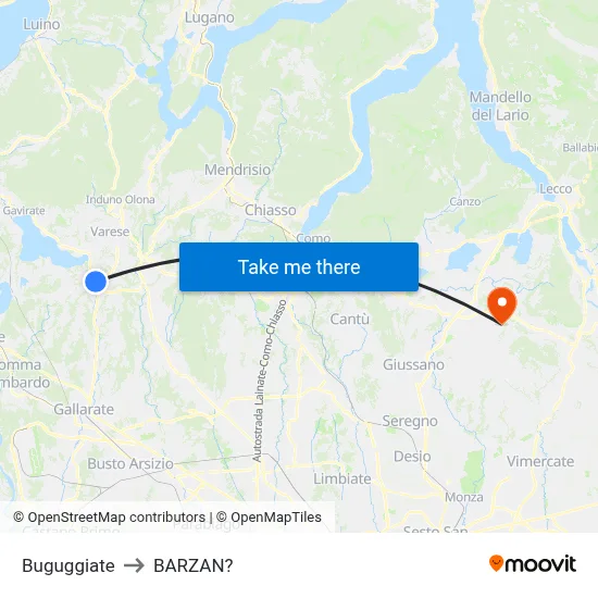 Buguggiate to Barzan map