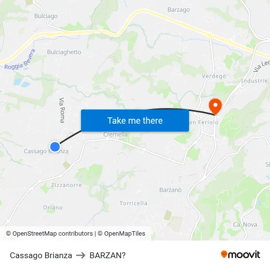 Cassago Brianza to Barzan map