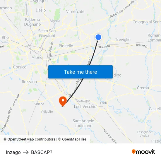 Inzago to Bascap map