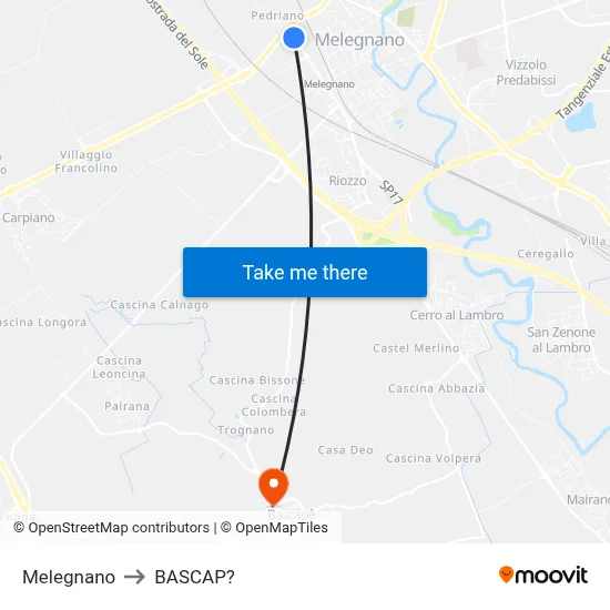 Melegnano to Bascap map