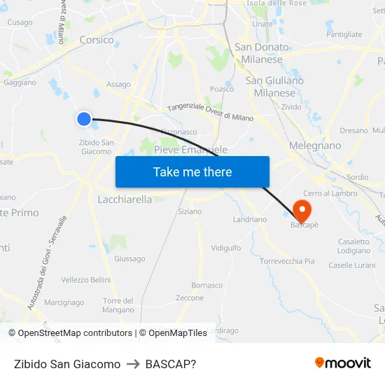 Zibido San Giacomo to Bascap map