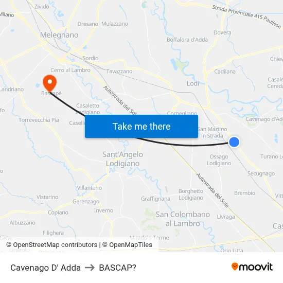 Cavenago D' Adda to Bascap map