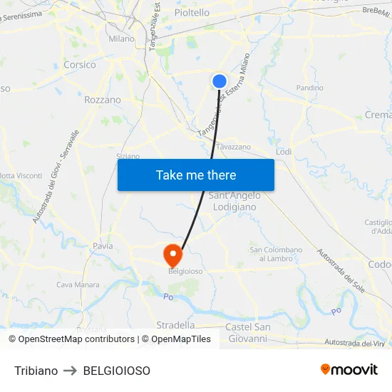 Tribiano to BELGIOIOSO map