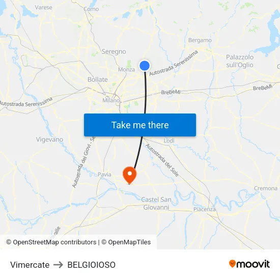 Vimercate to BELGIOIOSO map