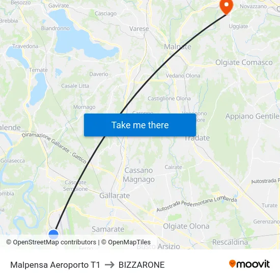 Malpensa Aeroporto T1 to BIZZARONE map